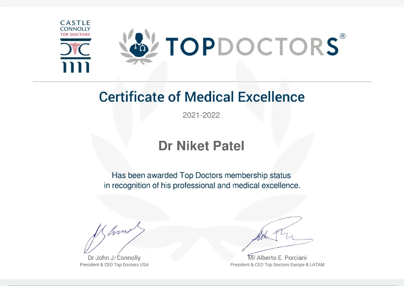 Top Doctors certified Medical Excellence 2022 Award